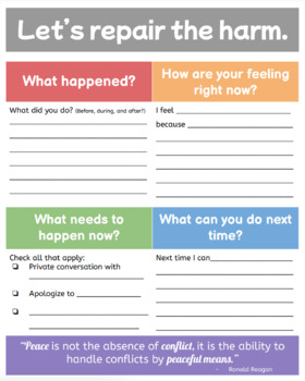 Preview of Restorative Conflict Resolution - Student Reflection Sheet