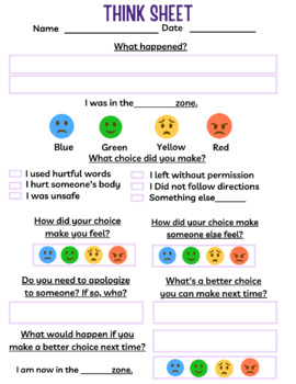 Preview of Restorative Think Sheet, What Zone? SPED