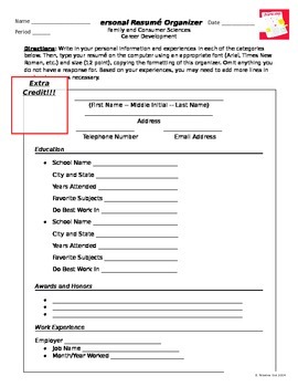 Preview of Resumé Writing Template Worksheet