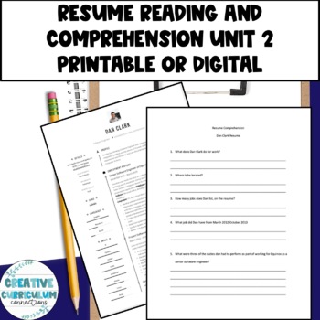Preview of Vocational Skills Resume Reading & Comprehension Printable Unit 2