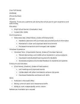 parts of a resume lesson plan