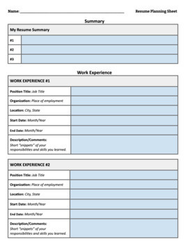 Preview of Resume Planning Worksheet 