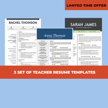 Preview of 3 Resume Templates, Teacher Resume Bundle, Elementary CV Instant Download
