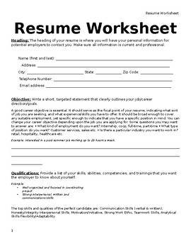 Preview of Resume Worksheet