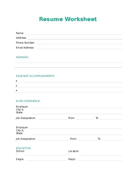 Resume Worksheet Template by The Cool Classroom TCC21 | TPT