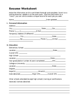 Preview of Resume Worksheet (editable and fillable resource)
