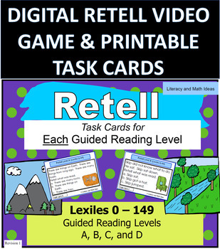 Preview of Self-Grading Retell Task Cards + Print~Retell Video Game ~Guided Reading A,B,C,D
