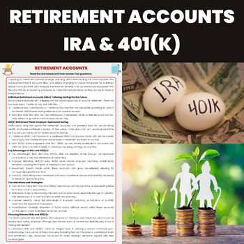 Preview of Retirement Accounts IRAs and 401k Reading Comprehension | Finance and Investment
