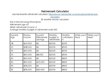 Preview of Retirement Calculator