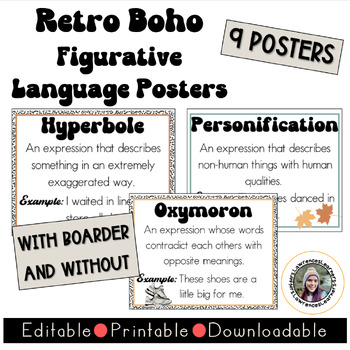 Preview of Retro Boho Classroom Figurative Language Posters | EDITABLE | New