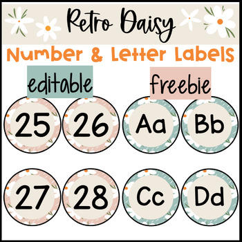Preview of Retro Boho Daisy Number and Letter Labels Classroom Decor⎮Editable⎮Freebie