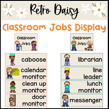 Preview of Retro Boho Daisy Themed Classroom Jobs Display Calming Color Classroom Decor
