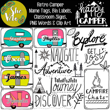 Preview of Retro Campers, Vintage Camping - Editable Name Tags, Clip Art, Doodle Phrases