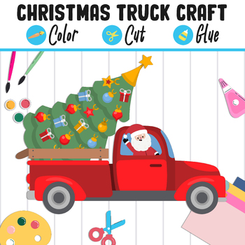 Preview of Retro Christmas Truck Craft Activity - Color, Cut, and Glue for PreK to 2nd