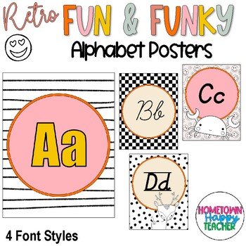 Preview of Retro Classroom Decor Alphabet Posters - Retro Fun & Funky - Cursive & Print