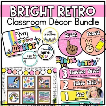 Preview of Retro Class Decor Bundle - Bright Rainbow Classroom Decor - EVERYTHING YOU NEED