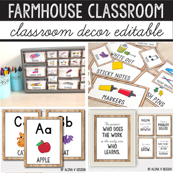 Preview of Farmhouse Boho Classroom Decor Bundle Library Book Bin Supply Clock Name Labels