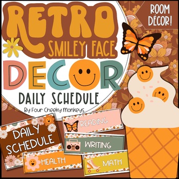 Preview of Retro Classroom Decor //  Editable Daily Schedule Cards / groovy smiley face