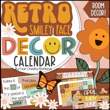 Preview of Retro Classroom Decor // Groovy Boho Classroom Decor Calendar Smiley Face Theme