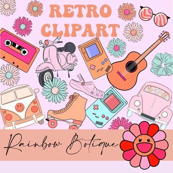 Preview of Retro Clipart Set, 90s hippie clipart bundle, groovy clipart bulletin board