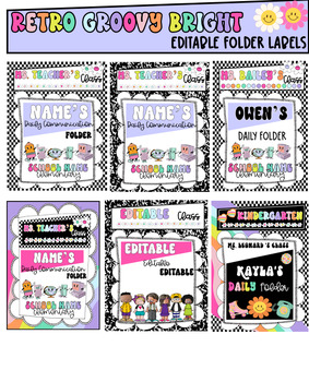 Preview of Retro Groovy Rainbow Folder and Binder Cover labels with Editable Text