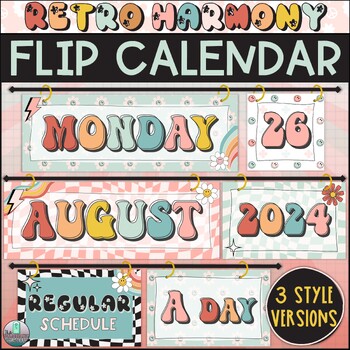 Preview of Retro Groovy Daily Flip Calendar Kit (Magnetic Curtain Rod) - Classroom Decor