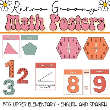 Preview of Retro Groovy Decor - Math posters Spanish & English for 3rd, 4th, and 5th grades
