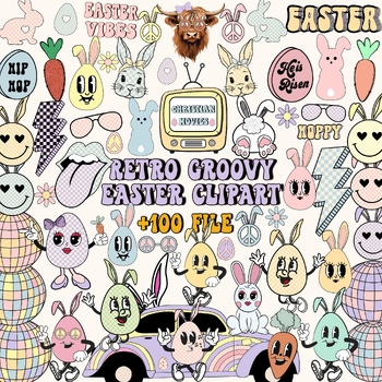 Preview of Retro Groovy Easter Clip Art Bundle, Easter Day Clipart Elements