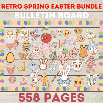 Preview of Retro Groovy Spring Easter Bundle Bulletin Boar﻿d Classroom Decor March & April