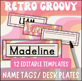 Retro Groovy Theme Name Tags Desk Name Plates EDITABLE Bac