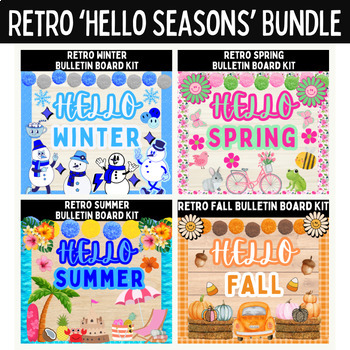 Preview of Retro Bulletin Board Bundle: 'Hello Seasons' Winter, Spring, Summer, and Fall
