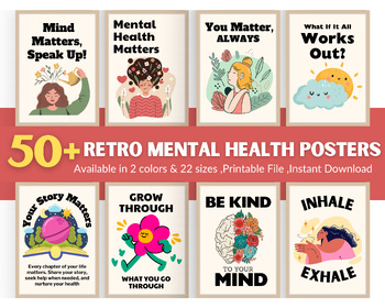 Preview of Retro Mental Health Poster Set of 50+ Prints |Therapy Counseling Office Therapy