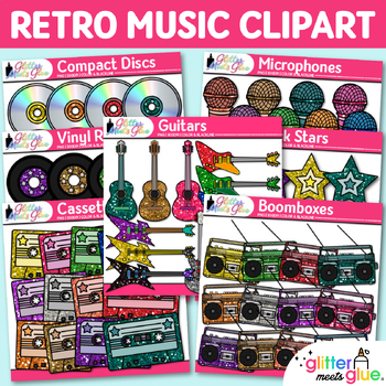 Preview of Retro Music Clipart Bundle: Guitar LPs Cassettes Music Clip Art Commercial Use