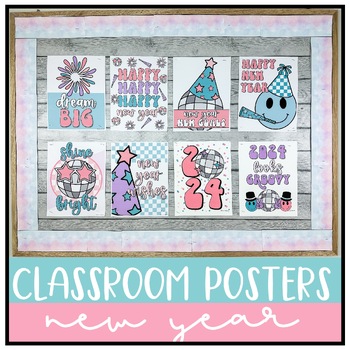 Preview of Retro New Years Classroom Posters 2024 | Bulletin Board