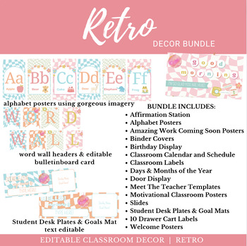Preview of Retro Pastel Classroom Decor Bundle | Slides, Posters, Calendar, Alphabet, Etc.