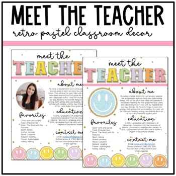 Preview of Retro Pastel Classroom Decor: EDITABLE MEET THE TEACHER | Smiley Face