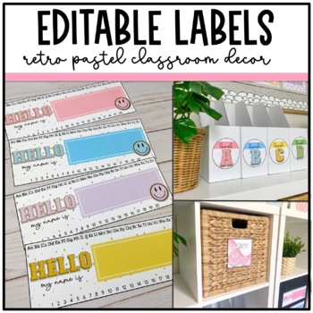 Preview of Retro Pastel Classroom Decor: Editable Labels | Name Tags | Smiley Face