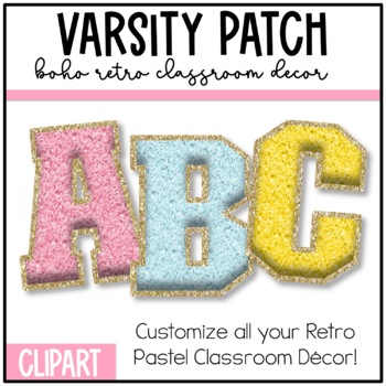 Preview of Retro Pastel Classroom Decor: Varsity Patch Letters CLIP ART