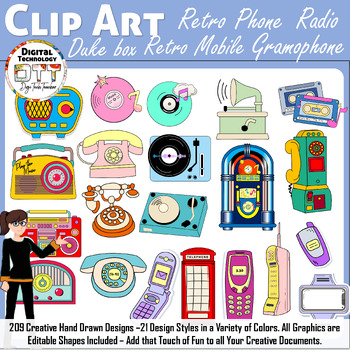 Preview of Retro Phone Clipart, Retro Radio Clipart, Retro Record Player Clipart