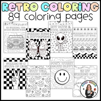 Preview of Retro & Preppy Coloring Pages or Posters | Groovy Printables Bundle