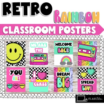 Preview of Retro Rainbow Classroom Posters Bulletin Board Set