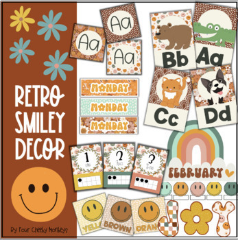 Retro Smiley Floral Face Pattern in Orange, Yellow & Brown Full