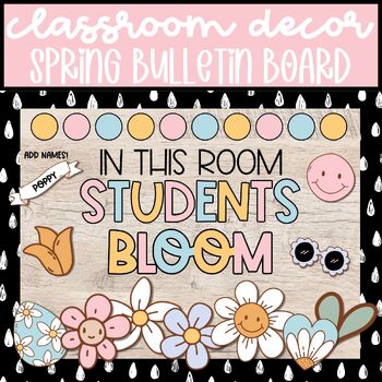 Preview of Retro Spring and Easter Bulletin Board with Flowers, March April Door Decor