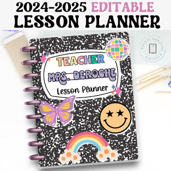 Preview of Retro Teacher Planner, Editable, Printable, Teacher Lesson Planner 2024-2025