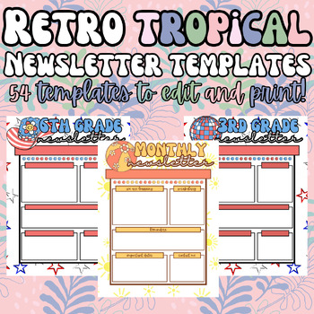 Preview of Retro Tropical/Summer Monthly/Weekly Newsletters - 1st-8th grade - EDITABLE