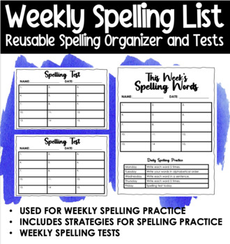 Preview of Reusable Weekly Spelling List Organizer & Tests | Includes Spelling Practice