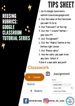 Preview of Reusing Rubrics || Google Classroom Tutorial Series Tips Sheet