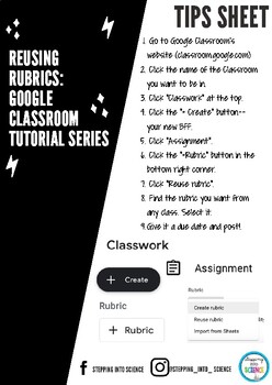 Preview of Reusing Rubrics || Google Classroom Tutorial Series Tips Sheet-BW