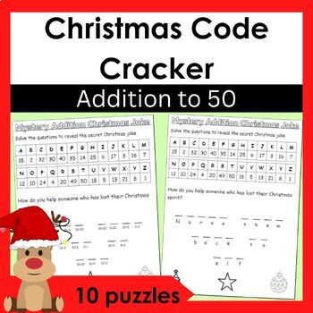 Christmas Math Jokes and Puzzles- Addition up to 50 - 10 worksheets