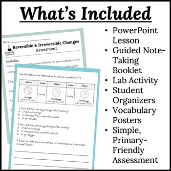 Reversible & Irreversible Changes Science Unit 2-PS1-2 | Lesson, Notes, Lab